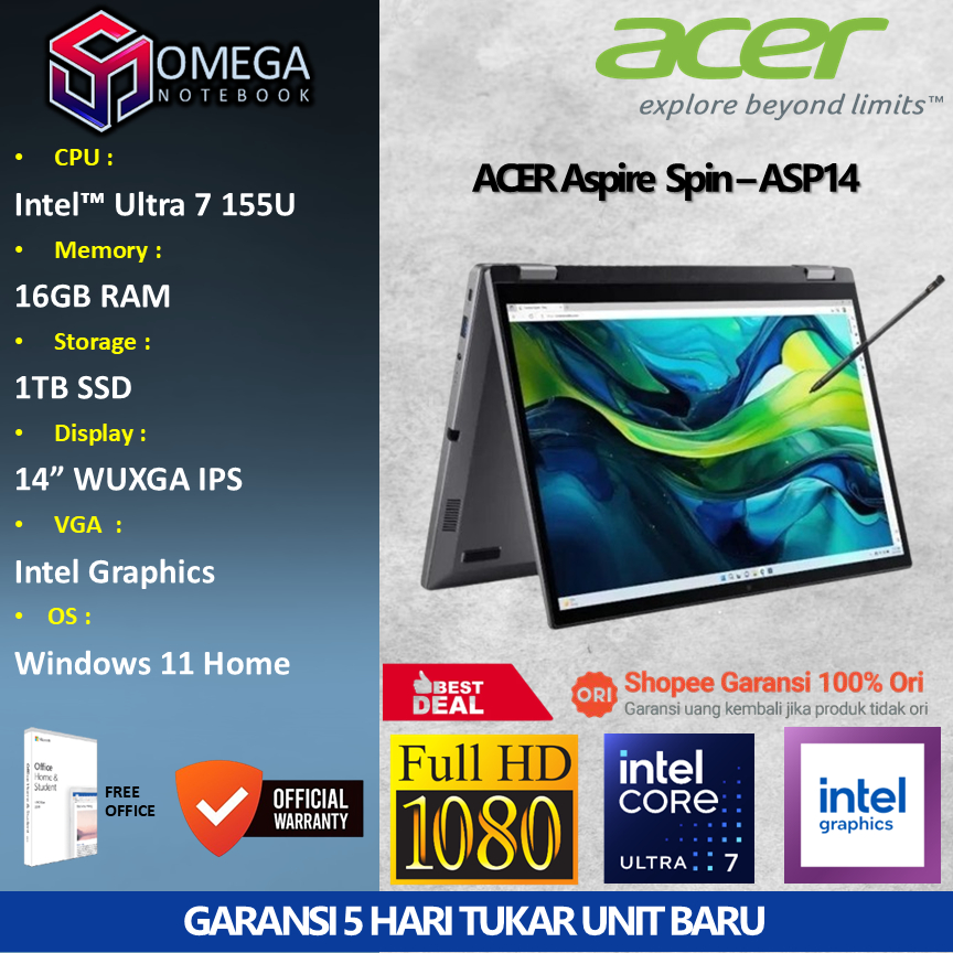 ACER ASPIRE SPIN ASP14 52MTM Ultra 7 155U 16GB 1TB 14,0 WUXGA Windows 11 + Office