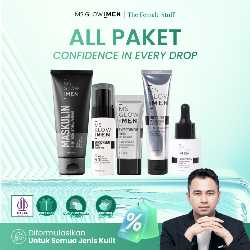 MS GLOW FOR MEN Paket Wajah Basic Lengkap 5 PCS Brightening Set for Man | Cerahkan Wajah & Hilangkan