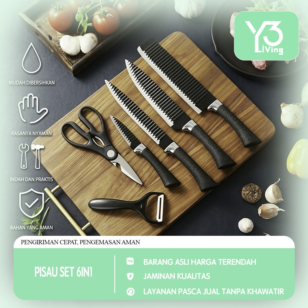 Set pisau dapur 6 in 1 bergelombang baja tahan karat anti lengket hitam multifungsi