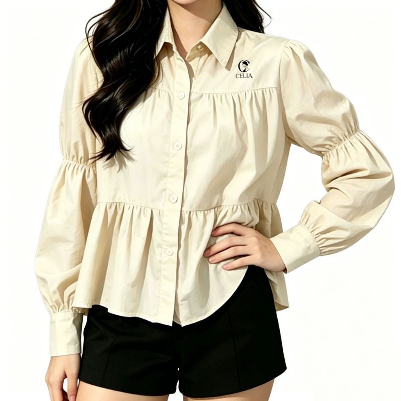 CELIA Kemeja Wanita Lengan Balon Babydoll Korea Style - Blouse Peplum Loose Fit Warna Aprikot Putih 