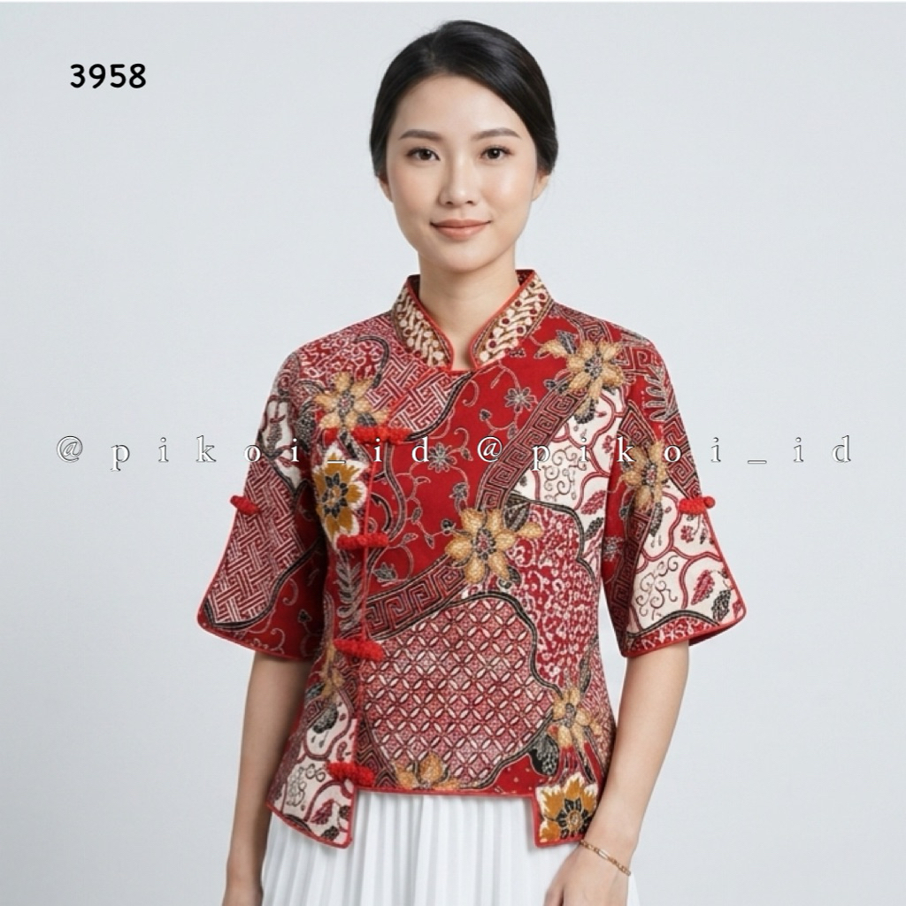 Atasan Cheongsam Batik Merah CNY / Baju Congsam Qipao Sincia Katun Stretch Top batik modern 3958