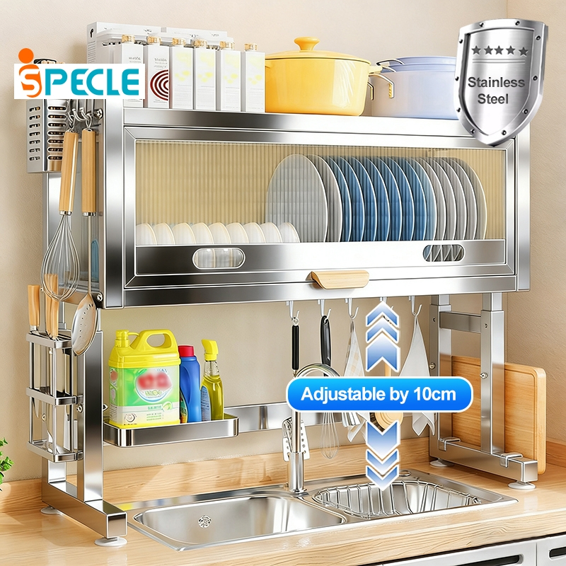iSPECLE Rak Piring Wastafel Stainless Steel 65-105cm Rak Piring Tertutup Anti Karat Rak Dapur Rak Wa