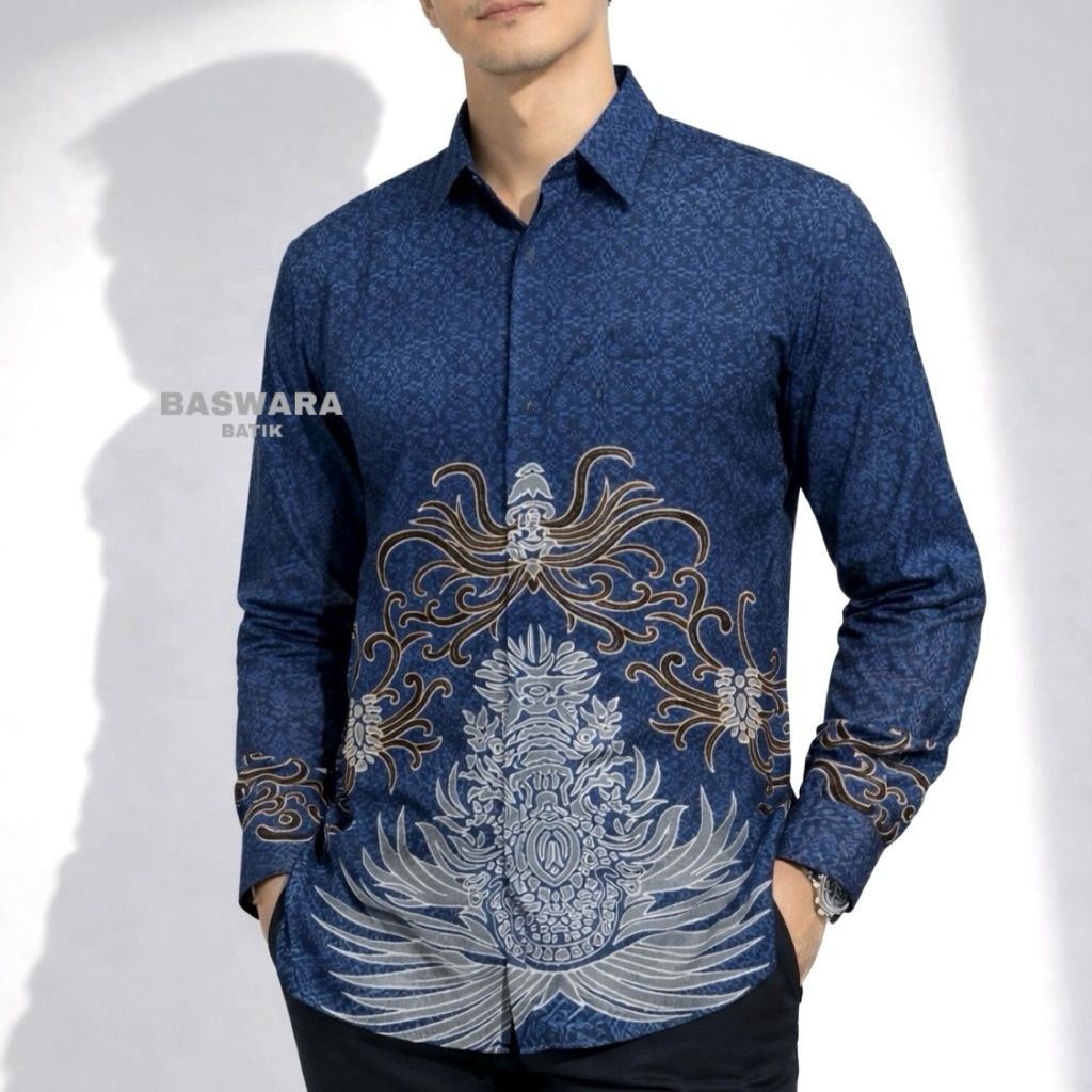 BASWARA Kemeja Pria Batik Dobby Lengan Panjang Biru Emerald