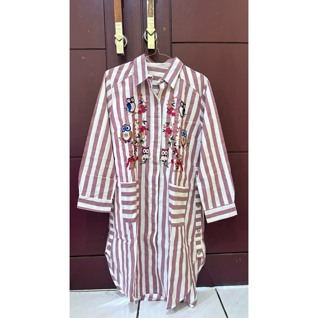 kemeja tunik bordir matahari salur stripe pink putih
