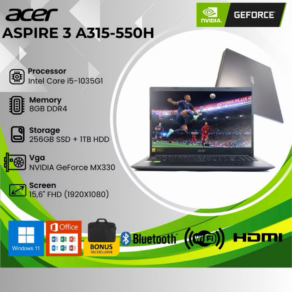 ACER ASPIRE 3 A315 INTEL CORE i5 1035G1 8GB 256SSD+1TB HDD NVIDIA 2GB