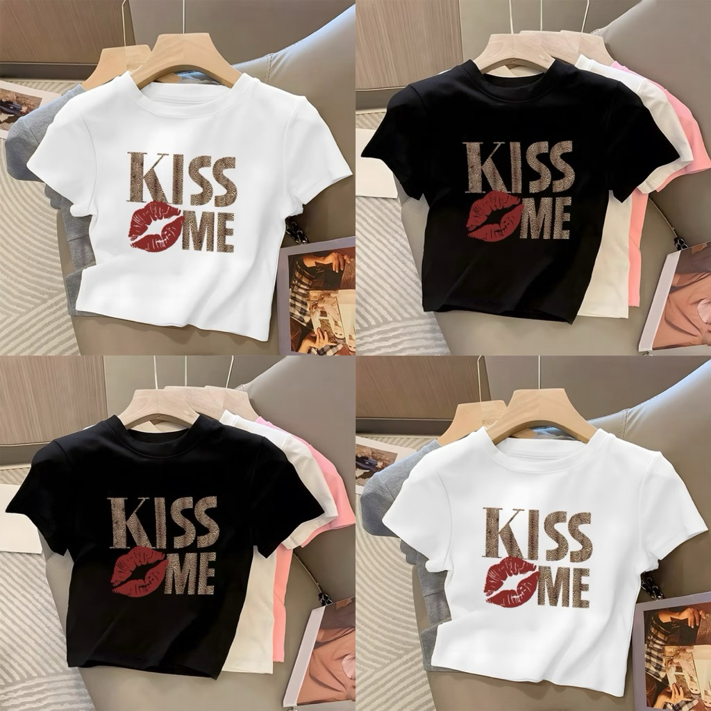 Sm Collectionn Atasan Wanita Baju Kaos Crop Top Rib Wanita Motif Kiss Me G Motif Full Print