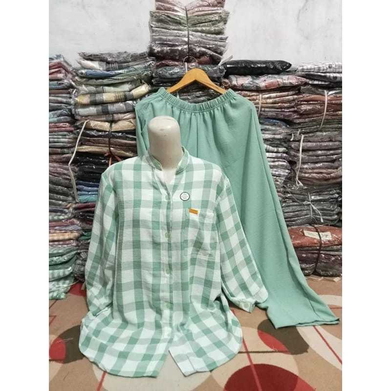 baju/setelan wanita kekinian bahan crinkle airflow motif kotak-kotak ld 120
