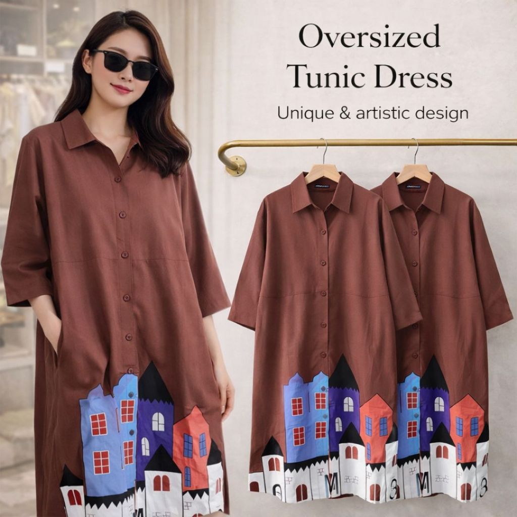 Dress Tunik Wanita Oversize Motif Premium | Kemeja Dress Panjang Loose Fit Korean Style | Baju Wanit