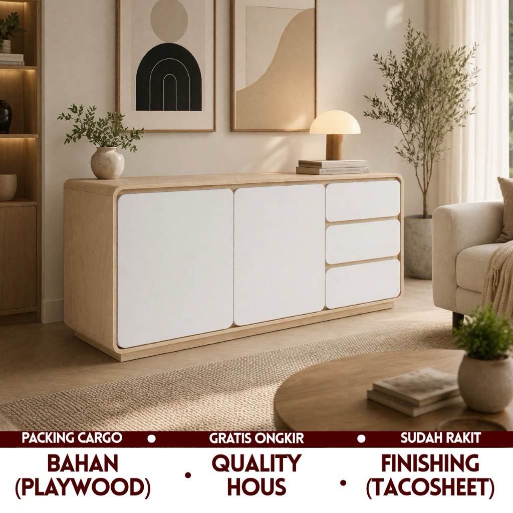 Credenza - Kabinet - Buffet TV - Lemari Serbaguna Pintu Sliding & Engsel 3 Laci Rounded Plywood Anti