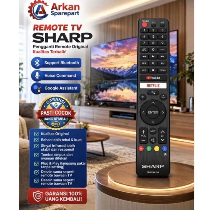 Remote TV Sharp Voice Control Bluetooth –Remot Smart TV Replacement Original – Support Google Assist