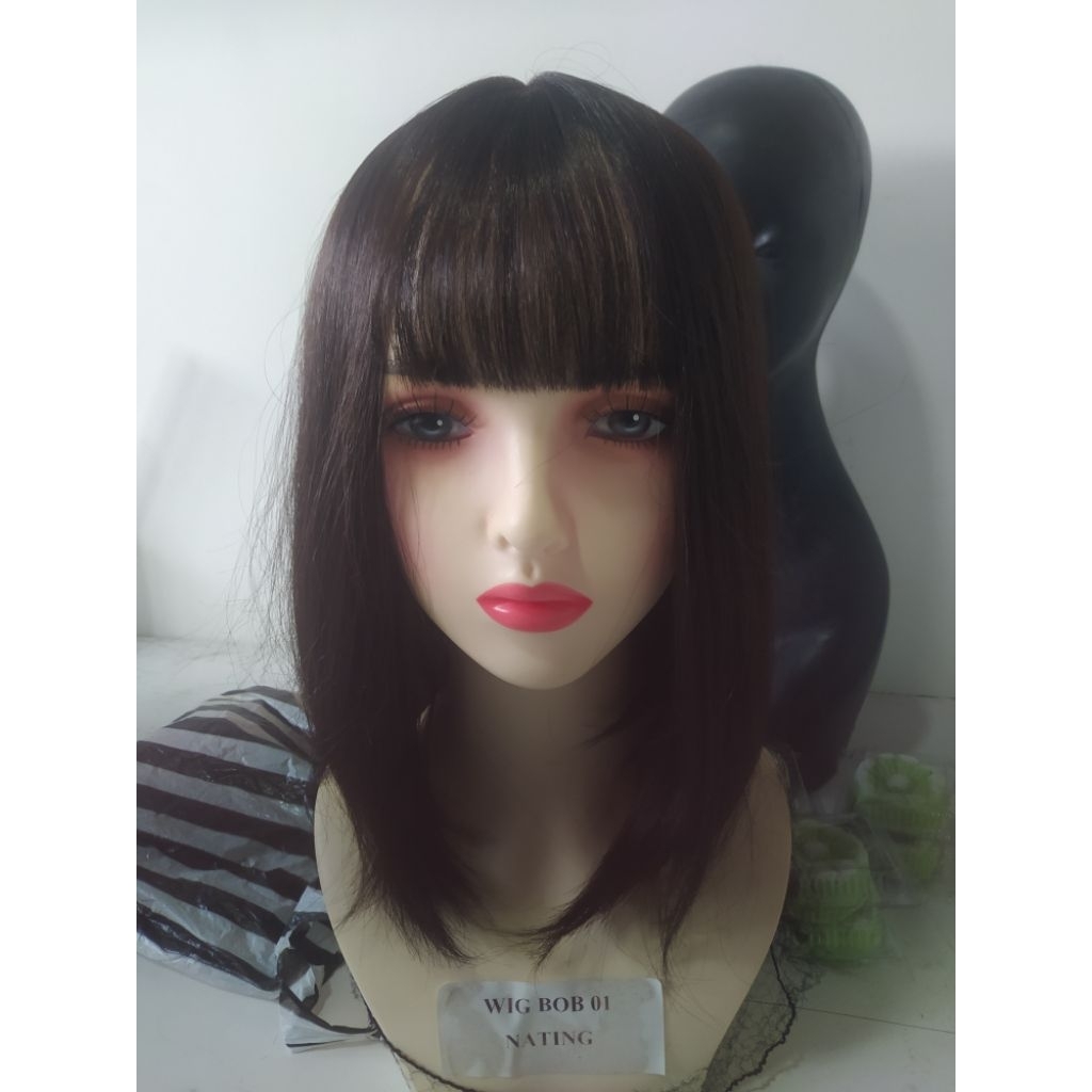 Wig Wanita Lurus Pendek Poni Natural Tebal Rambut Sintetis Anti Rontok kode03NT