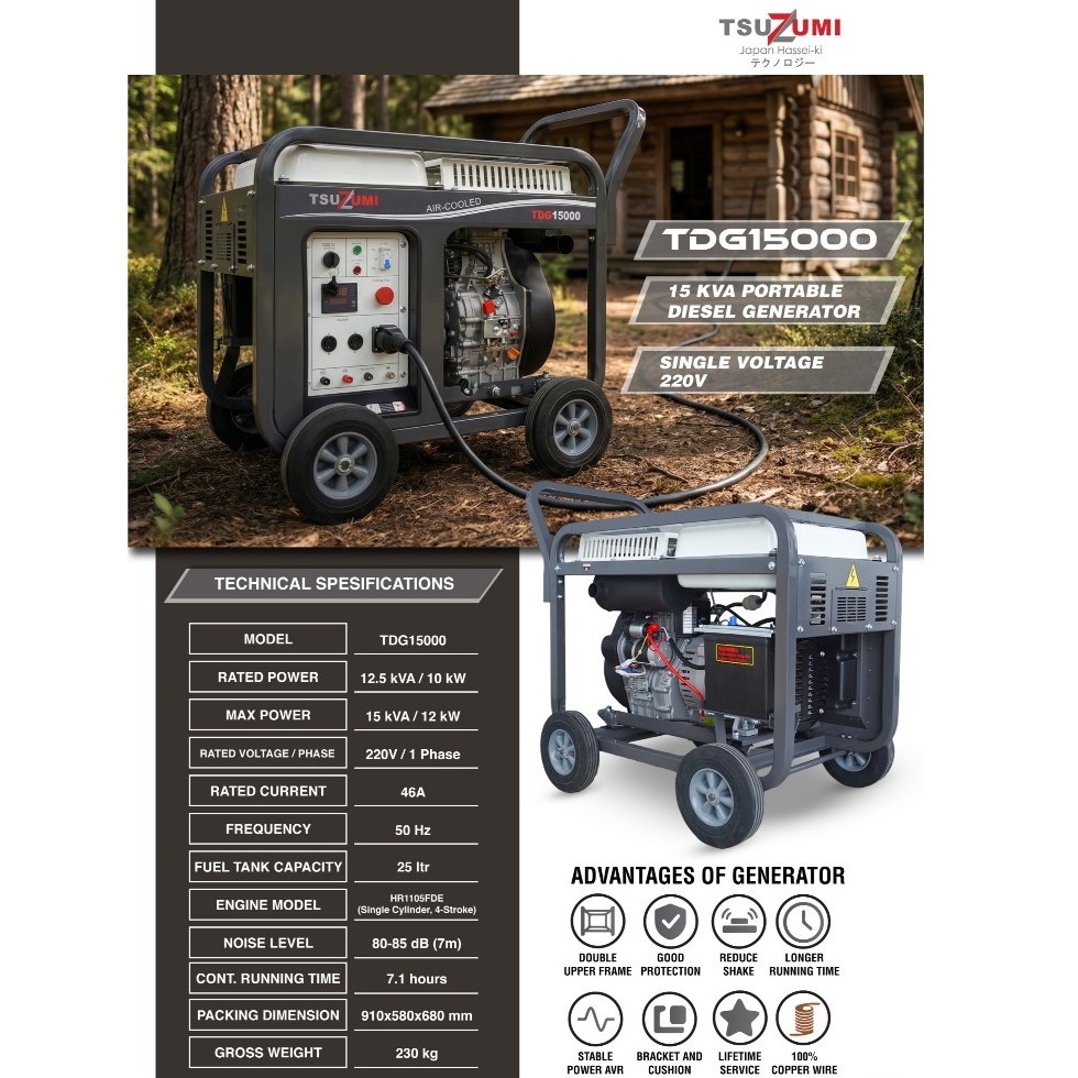 Generator Diesel Open 15 KVA 10000 Watt 1 Phase TDG15000 Tsuzumi Japan Technology Makassar