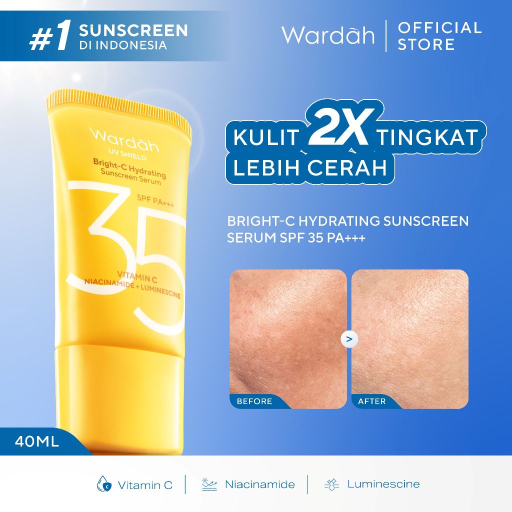 Wardah Sunscreen UV Shield Bright-C Hydrating Serum SPF 35 PA+++ Sunscreen 0% Alkohol dengan Vitamin