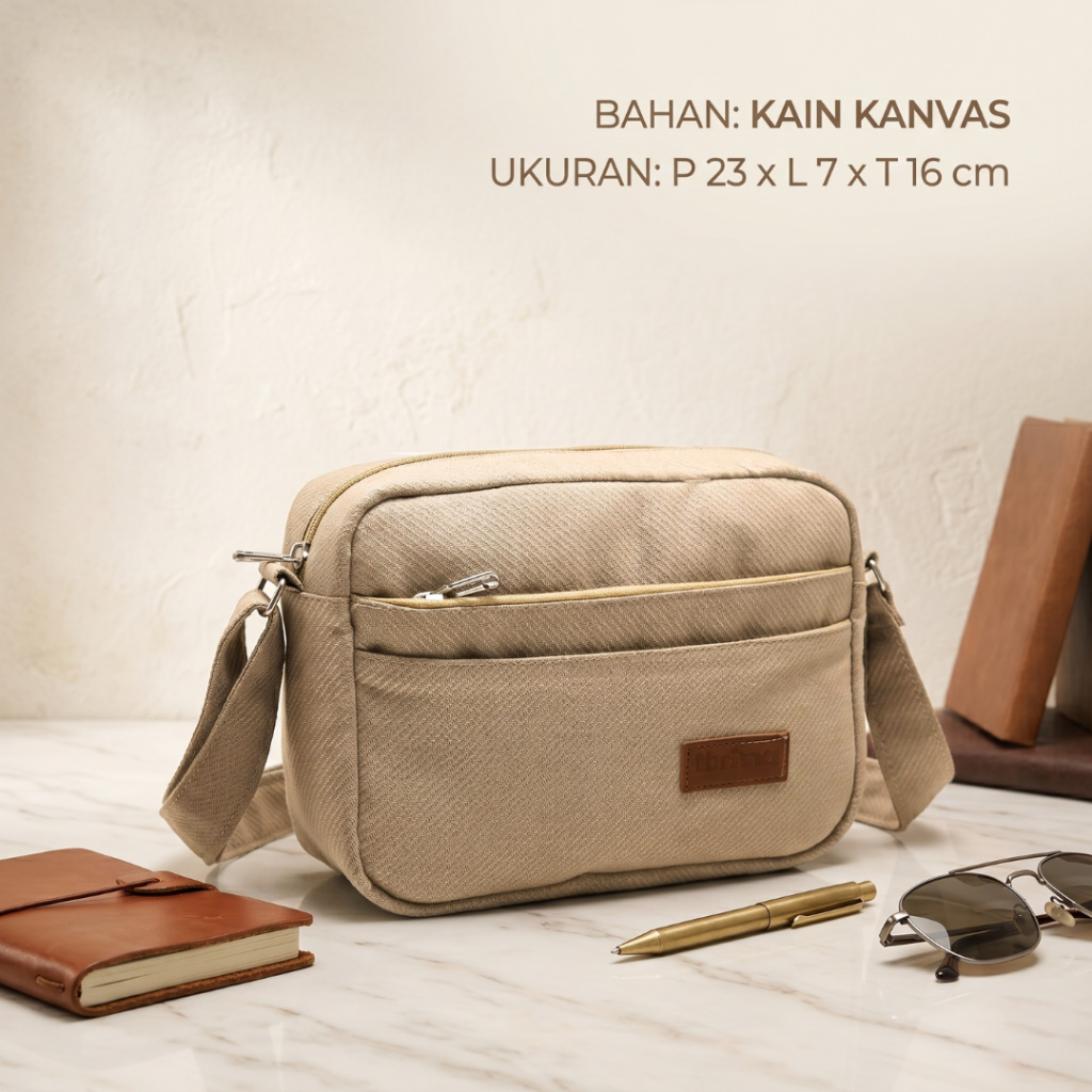 Tas Selempang Wanita KANVAS Premium Sling Bag Banyak Kantong Simple Elegan Casual Trendy Lokal