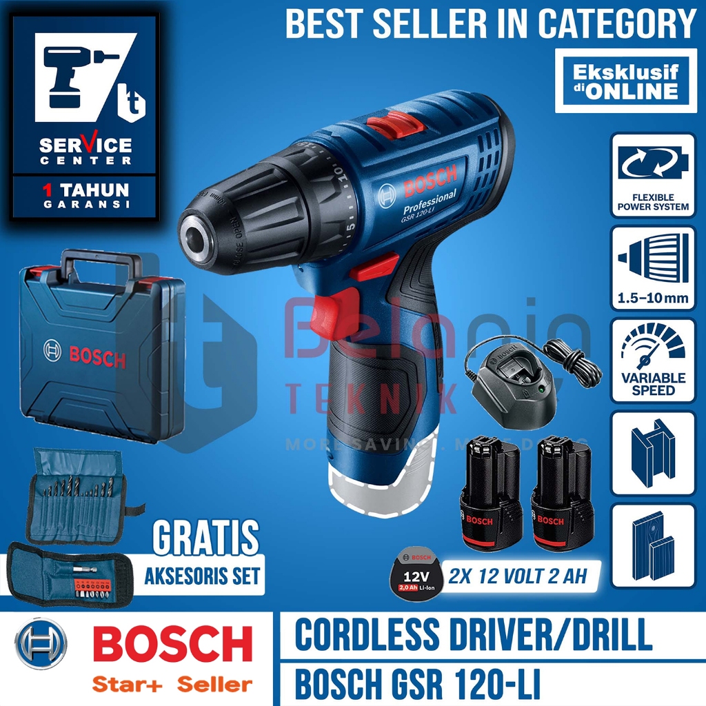 Bosch Mesin Bor Tembok Baterai GSR 120 LI Cordless Free Mata Bor & Obeng