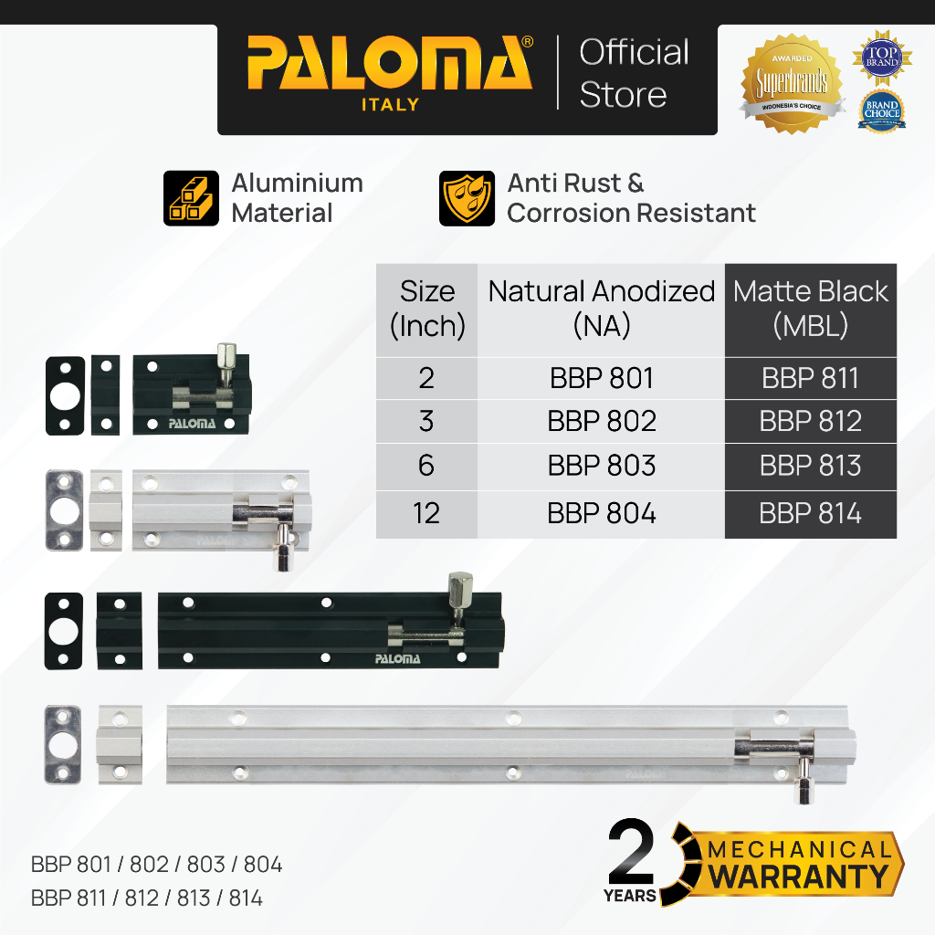 PALOMA Barrel Bolt Slot Jendela Pintu Grendel Gerendel Window Door Aluminium 2” 3” 6” 12” 2 3 6 12 I