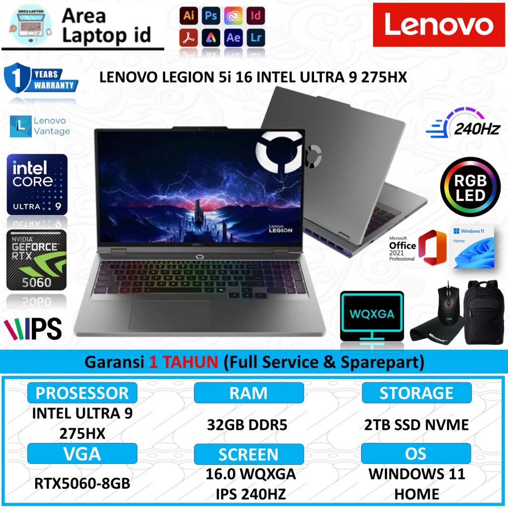 Lenovo Legion 5i 16 Intel Ultra 9 275HX RTX5060-8GB Ram 32GB DDR5 2TB SSD 16.0 Inch Wqxga Ips 240z R