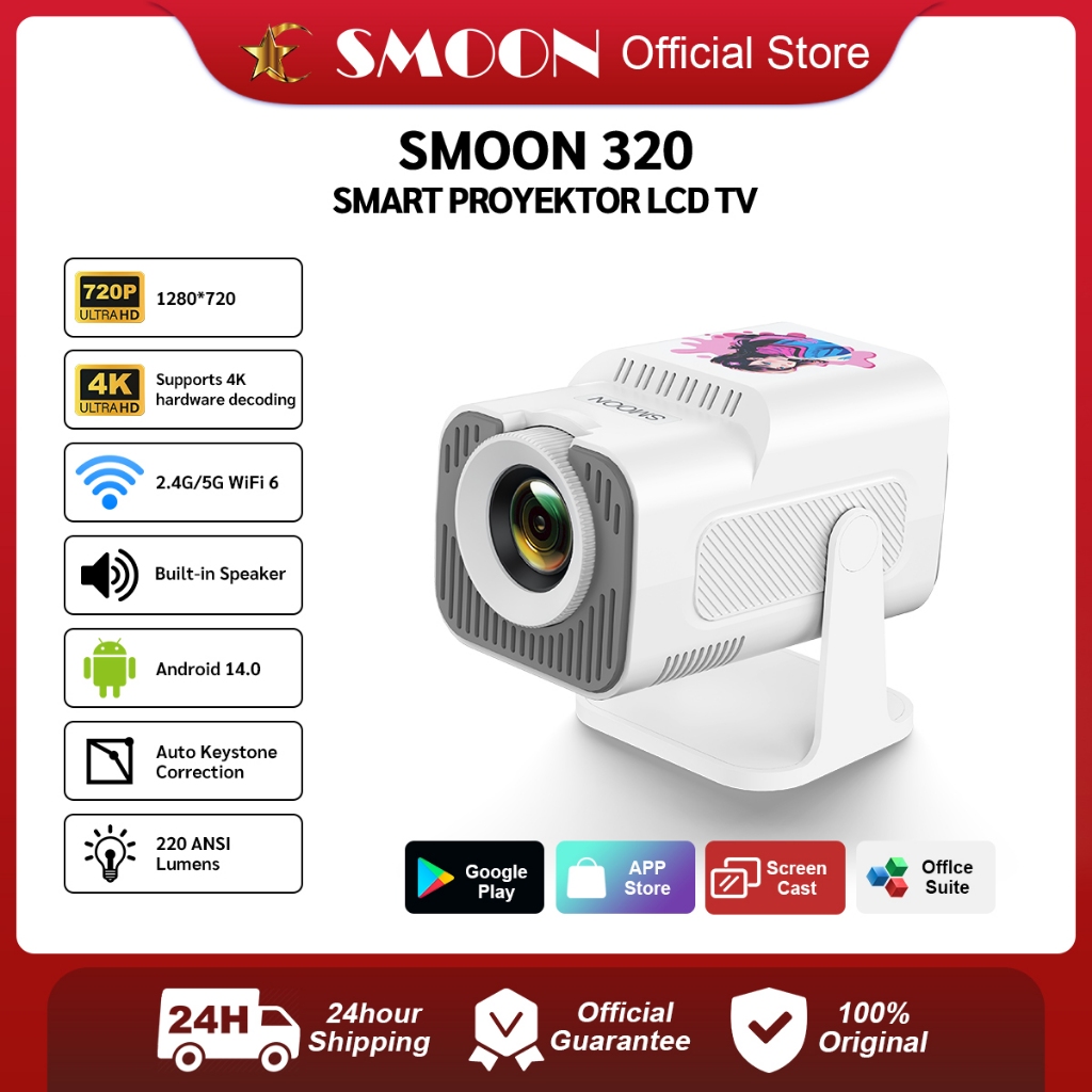 SMOON 320 Projector LCD TV - Proyektor Pintar - HY320 - 220 ANSI Lumens - TV Android - Fokus Otomati