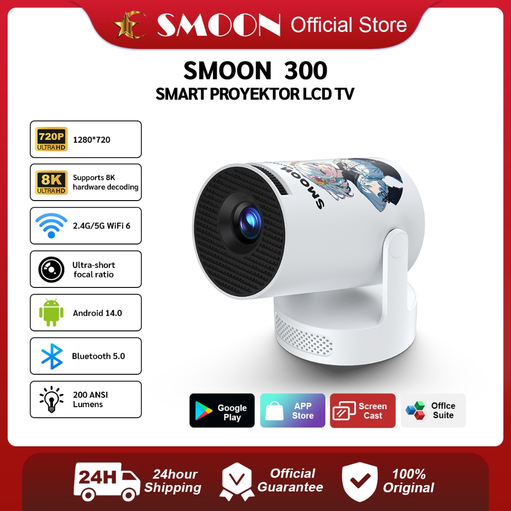 SMOON 300 Smart Projector LCD TV - Proyektor Pintar - 200 ANSI Lumens - TV Android - Fokus Otomatis 
