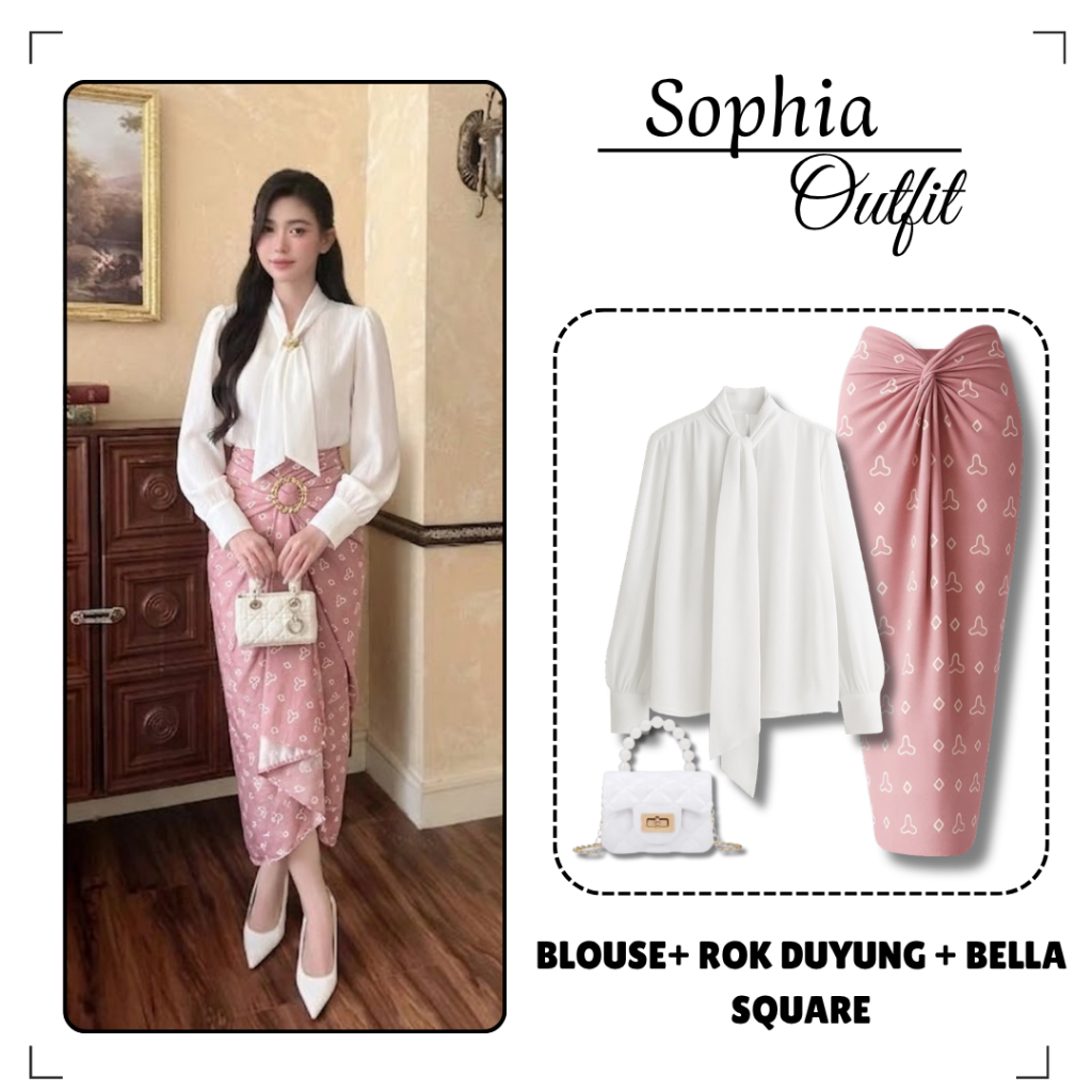 Outfit Set Kondangan Wanita Simple Elegant (Blouse Putih,Rok Lilit,Mini Bag) Ootd Stylish Remaja Kek