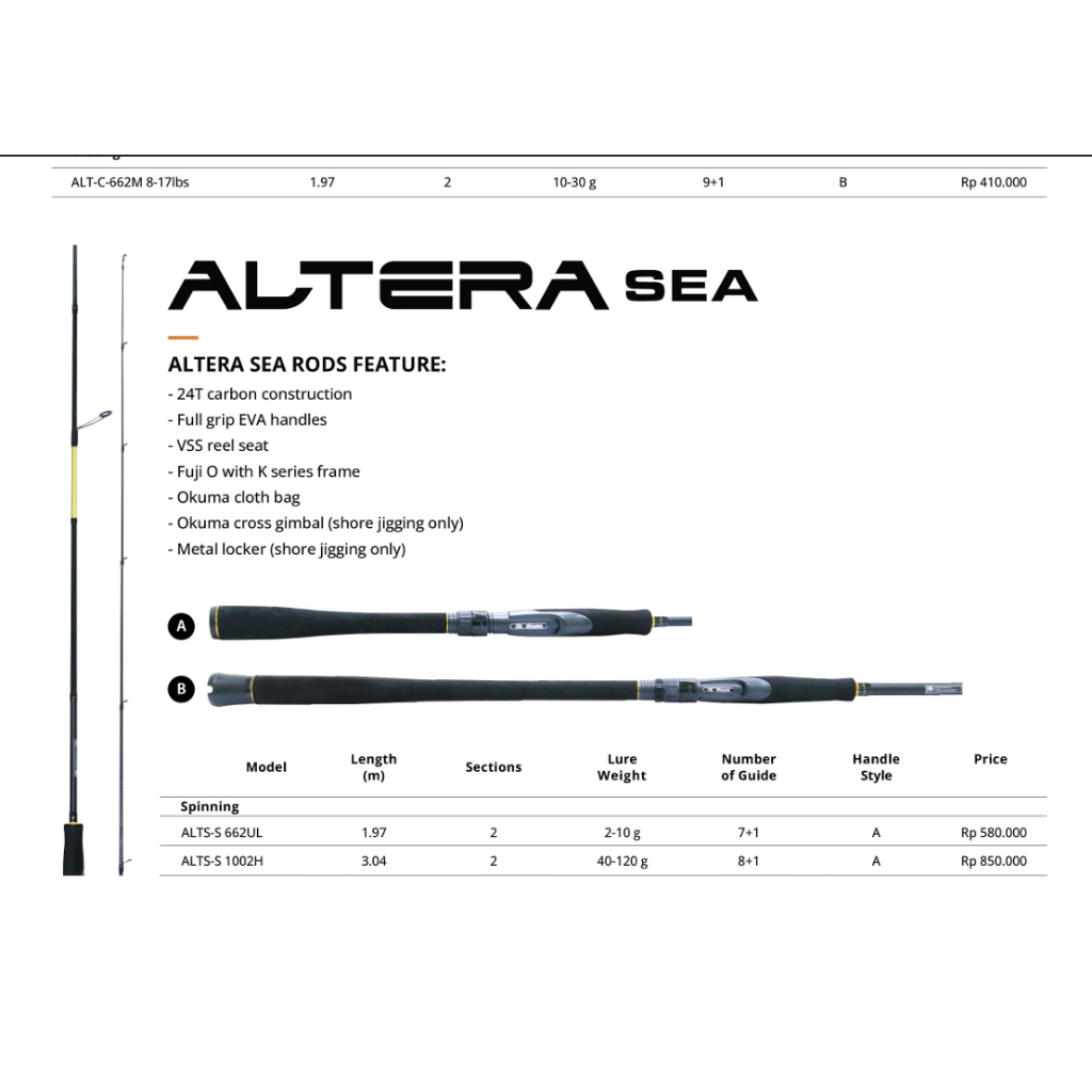 Joran Shore Okuma Altera Sea ALT-S 662UL 2-6LB , ALT S 902MH 20-40LB DAN ALT S 1002H 20-40lb