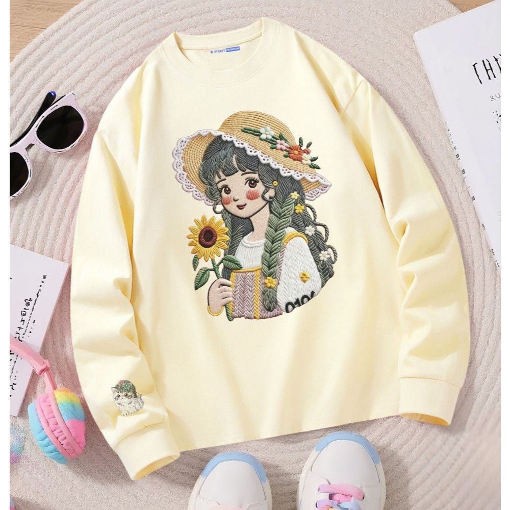STREET PREMIUM Kaos Lengan Panjang Korea Premium 100% Katun | Gadis bunga matahari Style Pria Wanita