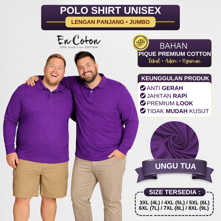 Kaos Kerah Polo BIGSIZE JUMBO OVERSIZE UNGU TUA UNGU TERONG UNISEX Premium PIQUE COTTON Tangan Lenga