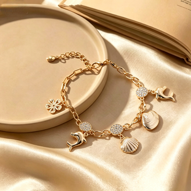 Gelang Rantai Motif Laut Dolphin Kerang Emas Korea Style Anti Luntur untuk Wanita Remaja Titanium Ge