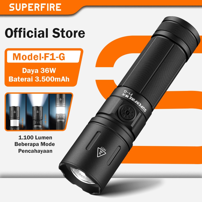 SUPERFIRE F1-G Senter LED 15W USB C Isi Ulang 1100 Lumen Lampu Kemah Cahaya Putih Hangat Senter Zoom