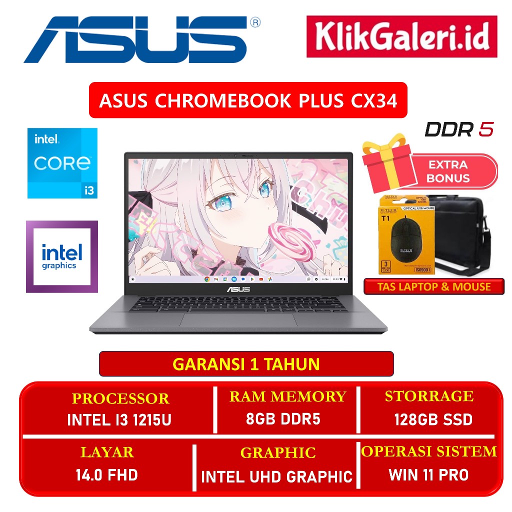 ASUS CX34 Chromebook Plus i3 Gen 12 RAM 8GB 128GB 14 FHD Laptop Ringan Cepat Garansi 1 Tahun