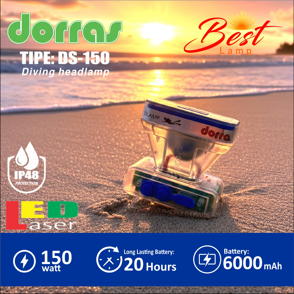 Senter kepala selam Dorras DS 150 150watt ABS Premium LED Laser 6000Mah Baterai tahan lama