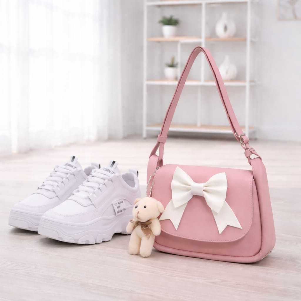 Set Sepatu Wanita + Tas Selempang Pita Lucu |sepatu Sneakers Putih Kekinian Fashion Korea