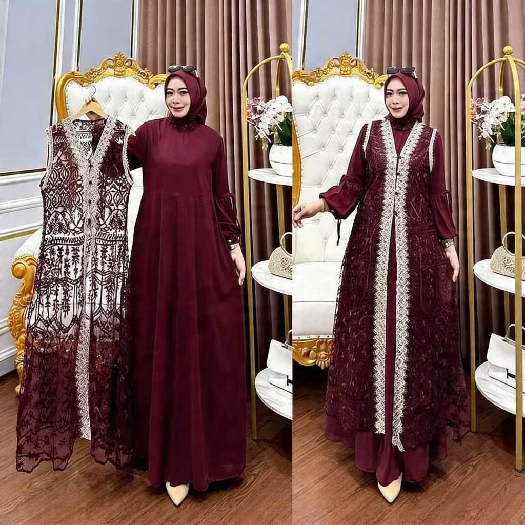 Neira Dress Gamis Kondangan Terbaru 2026 Gamis Plus Outer Brokat Dress Kondangan Burgundy Mewah Dan 