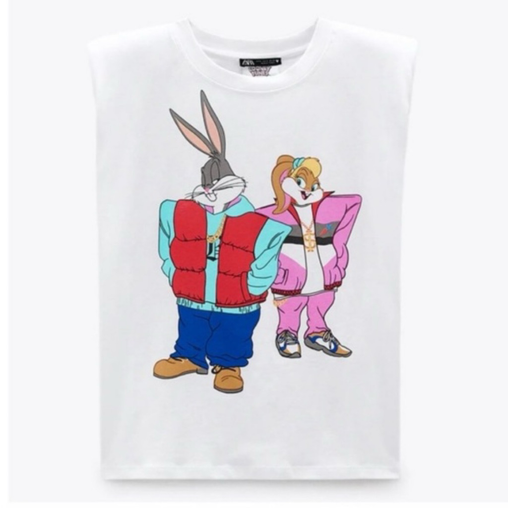 PRELOVED Zara X Looney Tunes White Graphic Print Sleeveless Blouse Top Fashion Wanita