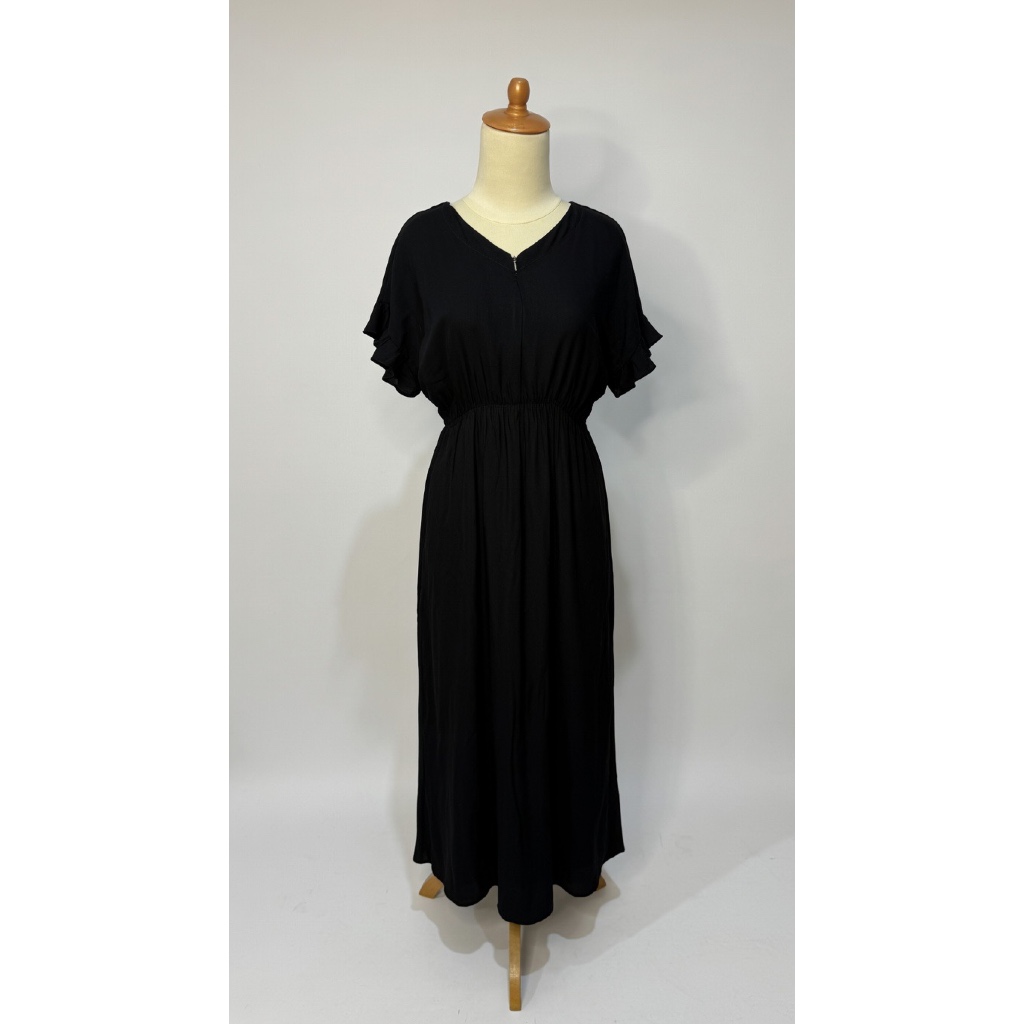 Dress Daster Midi Panjang Ruffle-Motif Polos-Rayon Premium-Casual Santai (all aize)