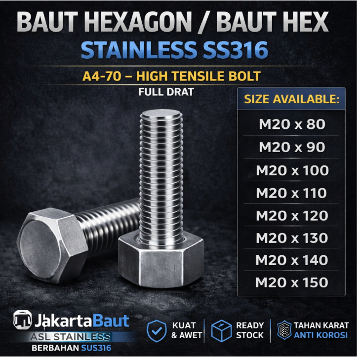 SS316 Baut Hex Stainless M20X80 - Baut Hexagon 20X80 / M20 X 80 / 20 X 80  SUS316 / A4-70 Full Drat