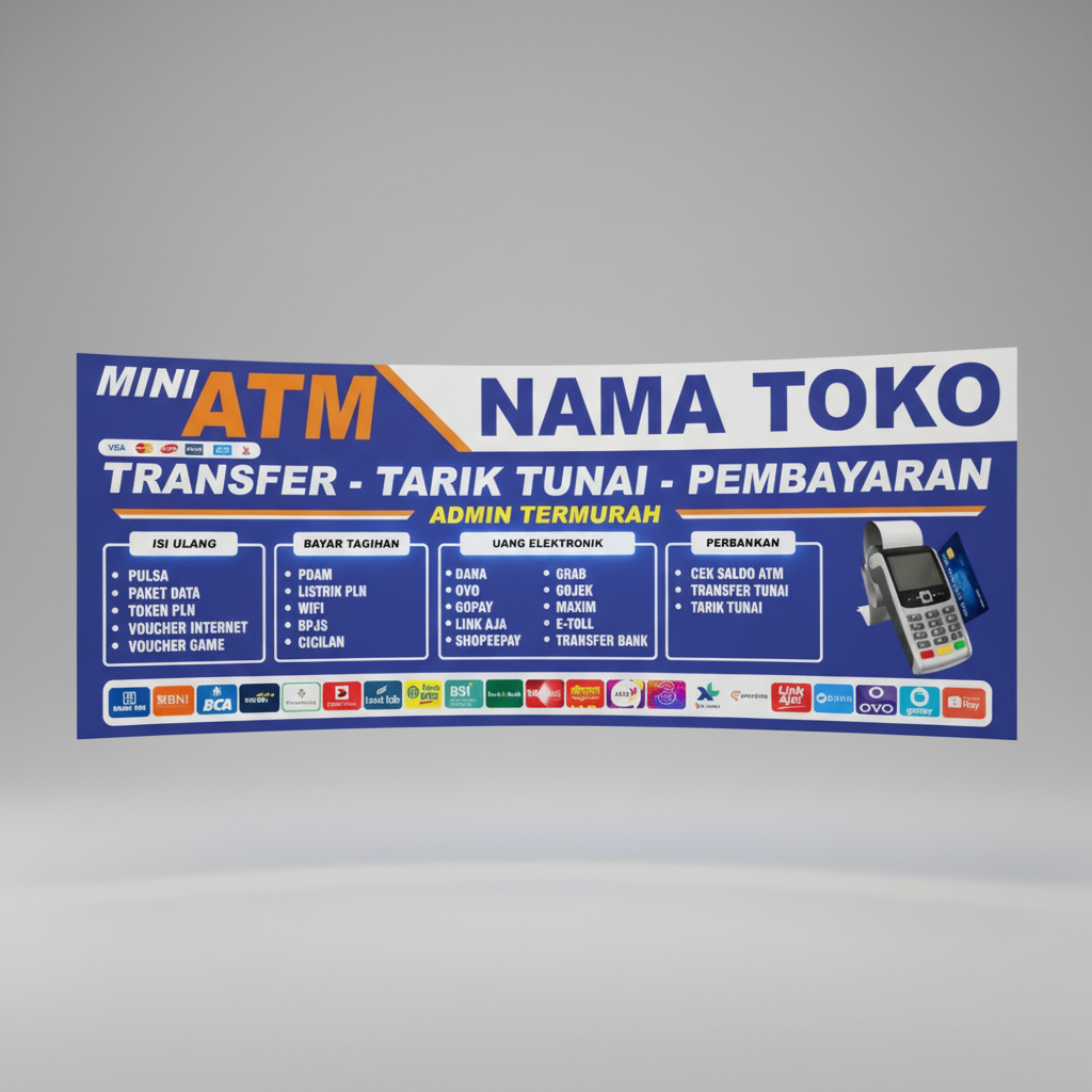 BANNER MINI ATM BRILINK SPANDUK KONTER PULSA BISA TAMBAH NAMA TOKO