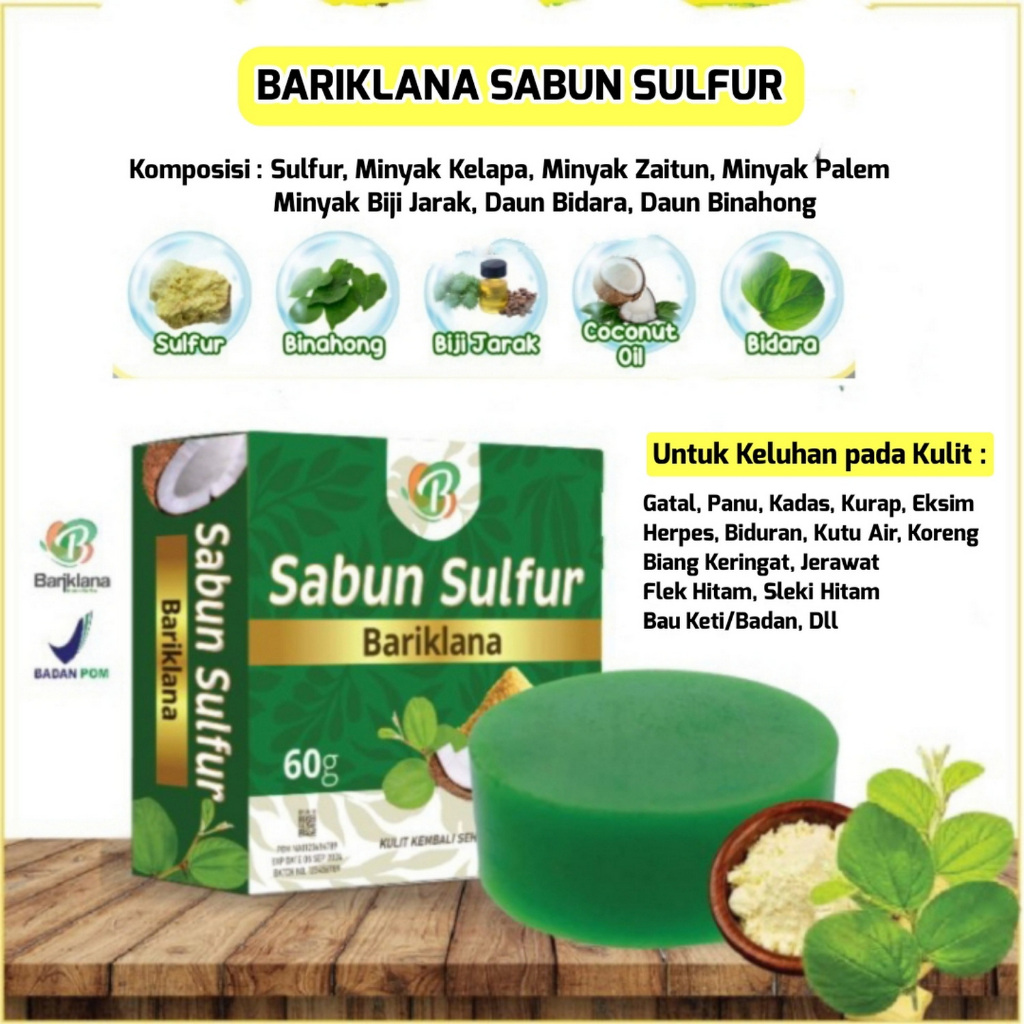 Sabun Sulfur Batang 60gr plus Herbal Daun Bidara-Binahong-Minyak Biji Jarak-Kelapa-Zaitun-Palem