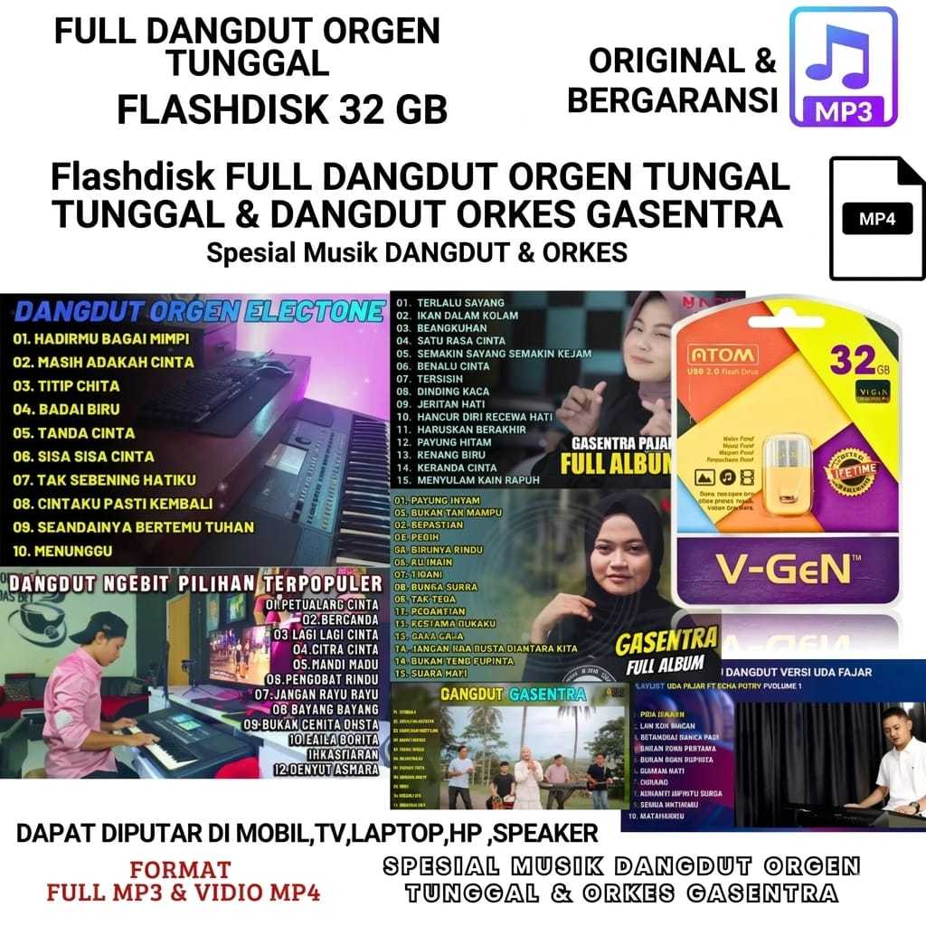 FLASHDISK 32GB FULL DANGDUT ORGEN TUNGGAL & DANGDUT ORKES GASENTRA MP3 MP4 BONUS 2 OTG