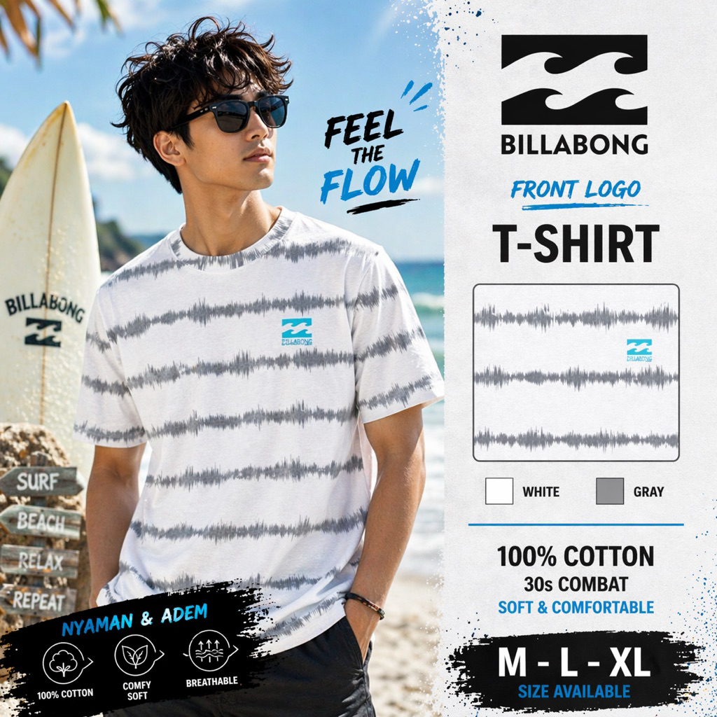 Billabong Original T-Shirt Kaos Surfing Pria Motif Stripe Abu Putih 100% Cotton 30s M L XL