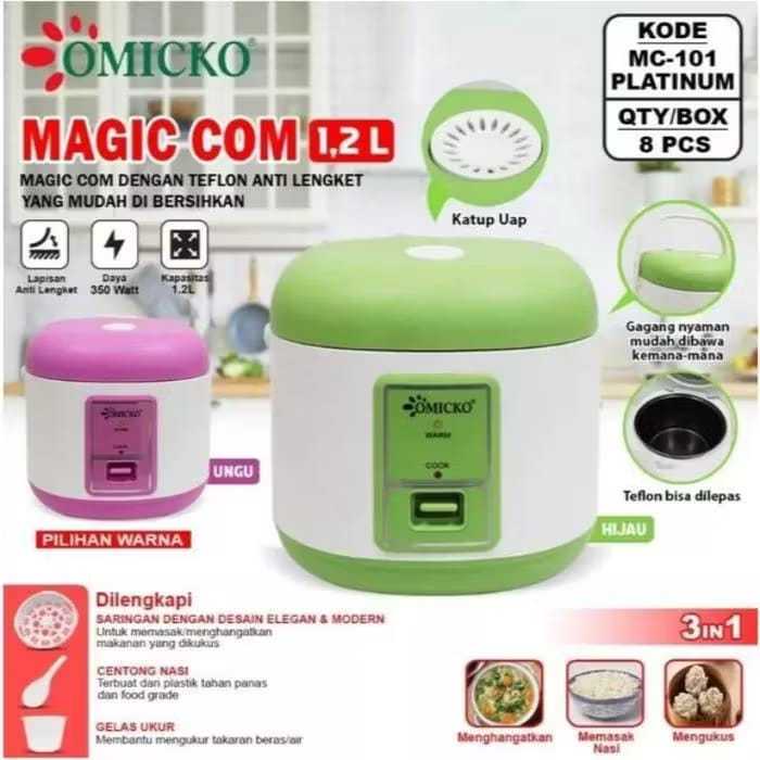 Omicko Rice Cooker / Magic Com 1.8 dan 1 Liter 3 in 1 Bonus Gelas Ukur & Sendok Nasi BATAM