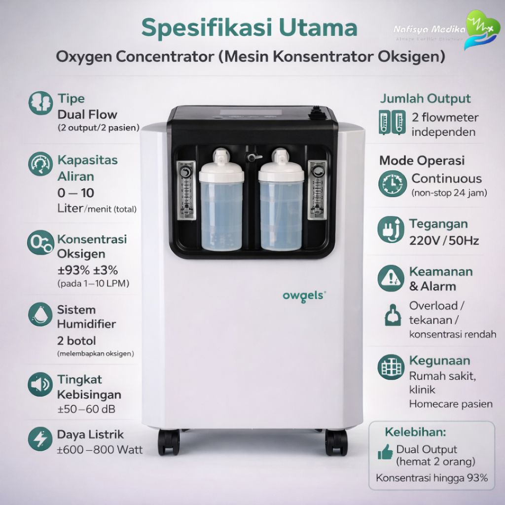 Owgels Oxygen Concentrator 10L Dual Flow – Mesin Oksigen 2 Pasien 93% Medis 0–10 LPM + Humidifier | 