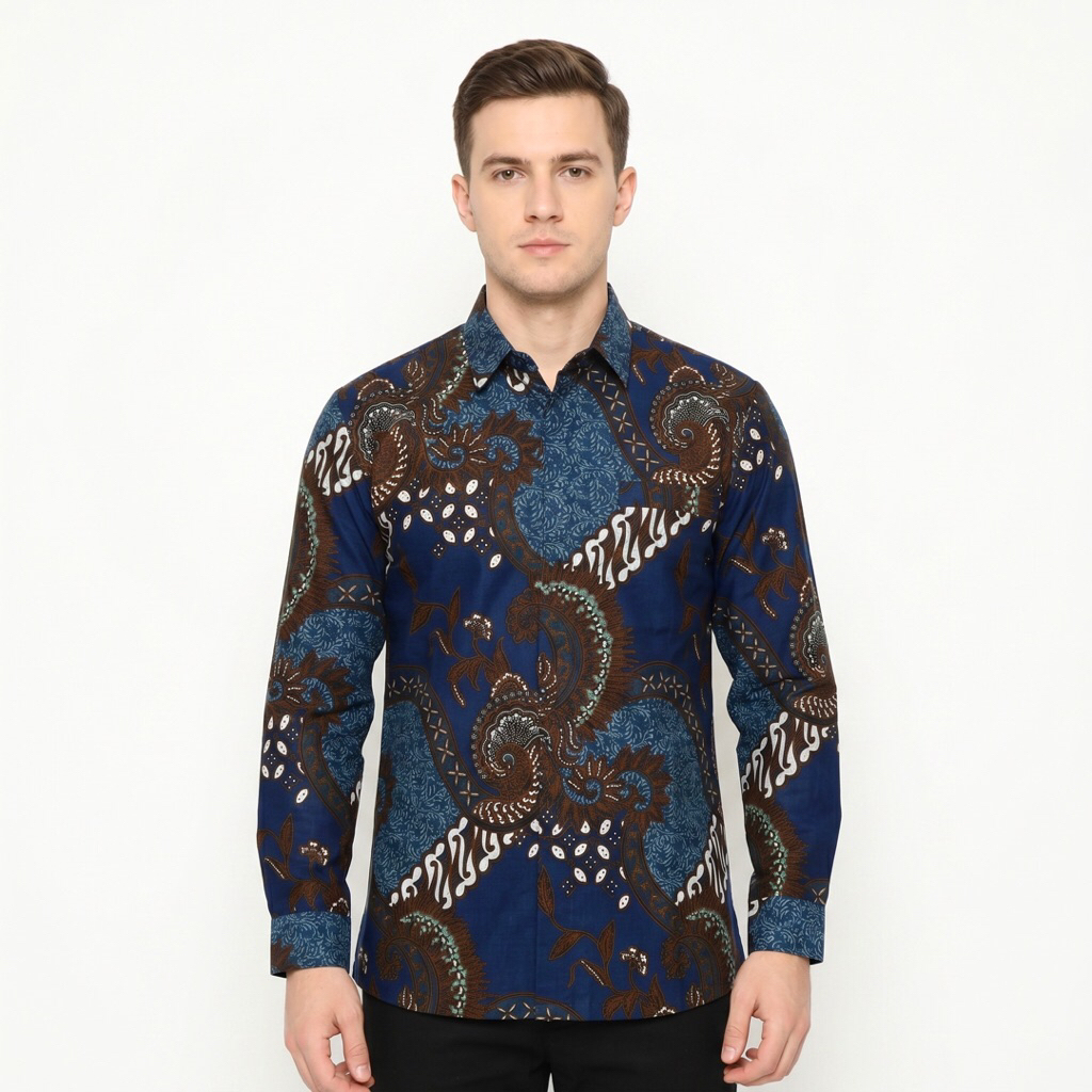 |Magnus| Kemeja Batik Pria Slimfit Lengan Panjang Bahan Katun 40S Lapis Furring Arrow Warna Biru Ele