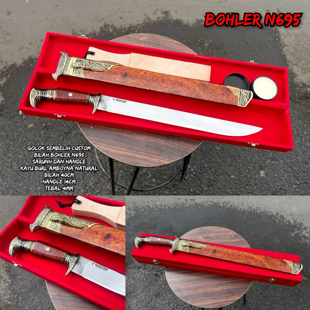 GOLOK PISAU SEMBELIH BAJA BOHLER N695 kayu BURL AMBOYNA 40 cm