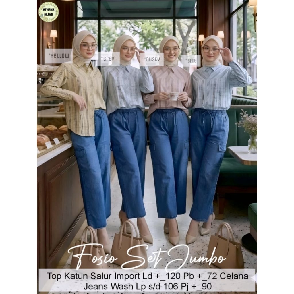 Fosio Set Kulot Cargo Jeans Jumbo Mix Blouse Kotak LD 120 (Athaya)