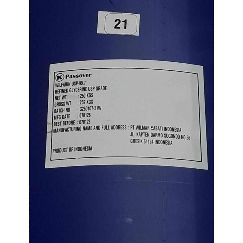 GLYCERINE GLISERIN EX WILMAR DRUM 250 KG