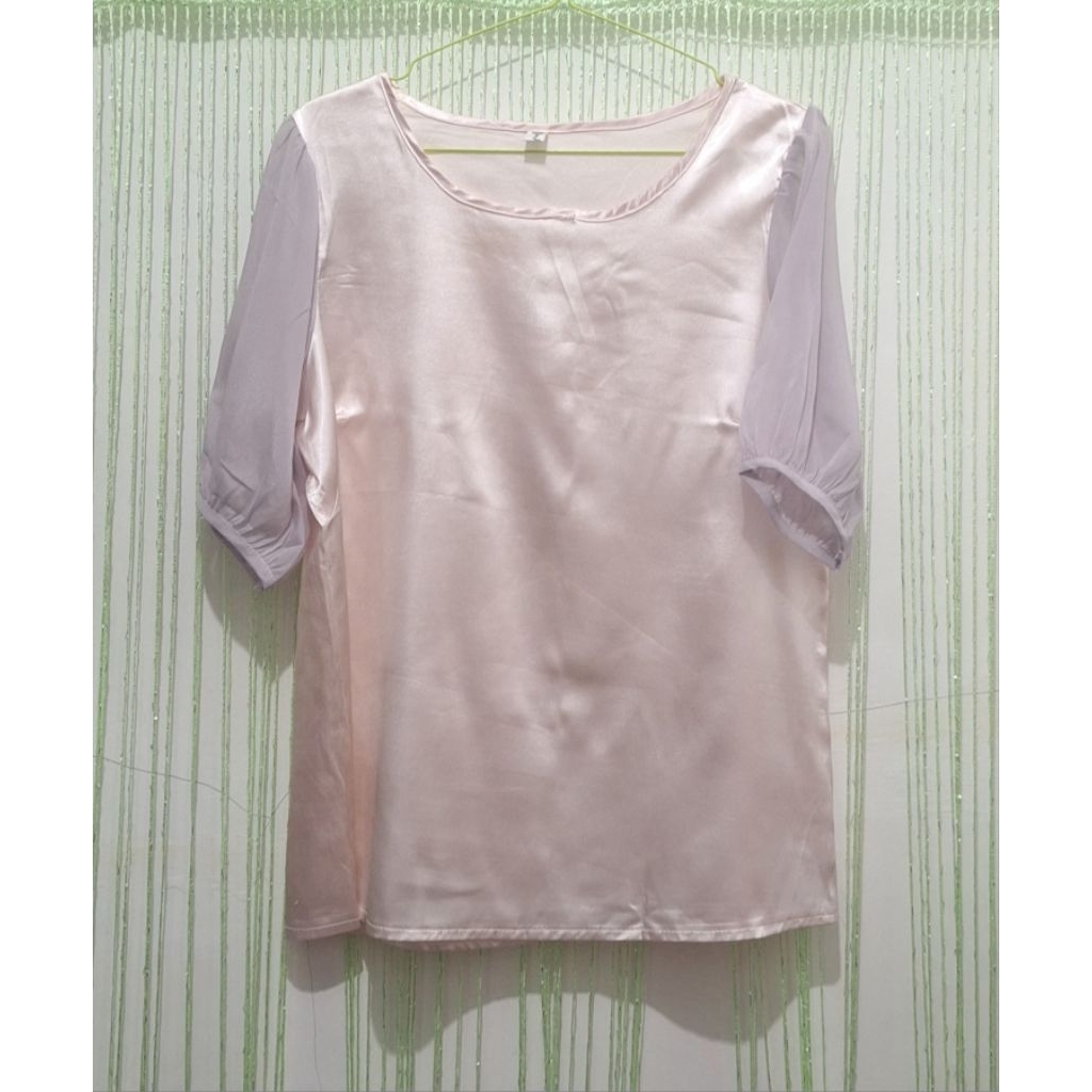 blouse blus wanita lengan pendek satin pink ungu