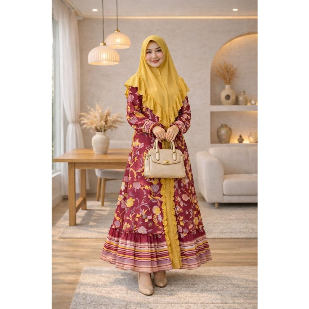 GAMIS NAFISA SET JILBAB SYARI CERUTI MOTIF BUNGA ORI ZAHIN COLLECTION Clemira Simple Elegant Khayra