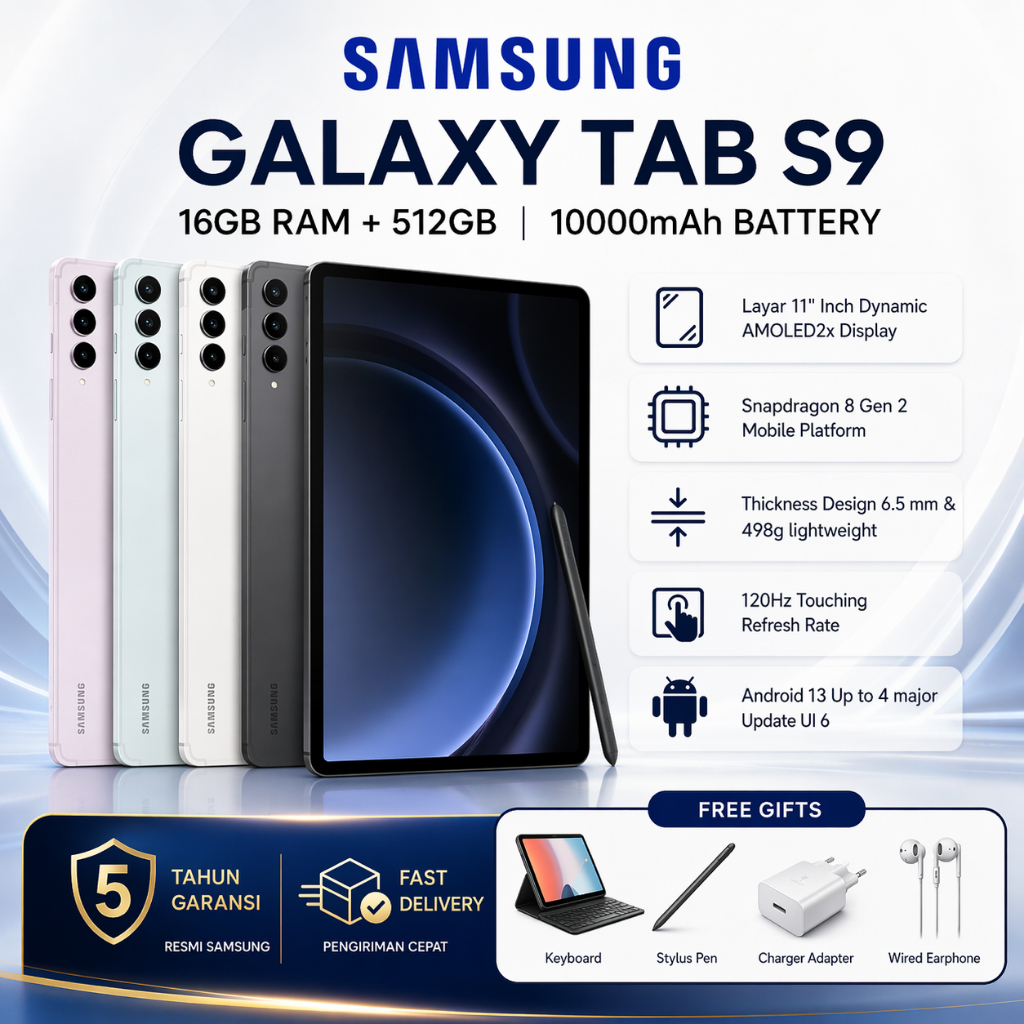 [GARANSI RESMI] Samsung Galaxy Tab S9 Tablet | Layar Besar AMOLED 11” | Snapdragon | Keyboard + S Pe