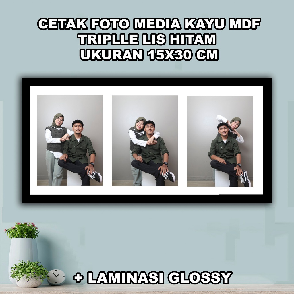 Cetak Foto Media Kayu MDF Triple Lis Hitam / Lis putih 15x30 cm+ Laminasi Glossy